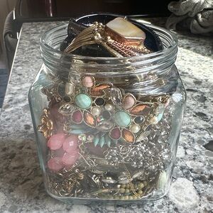 Assorted Jewelry in Glass Jar